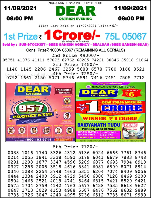 Lottery Sambad 8 PM result 11 Sep 2021