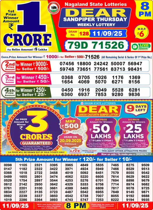 Lottery Sambad 8 PM result 11 Sep 2025