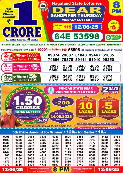 Lottery Sambad 8 PM result 12 Jun 2025