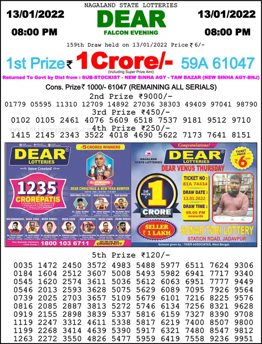 Lottery Sambad 8 PM result 13 Jan 2022