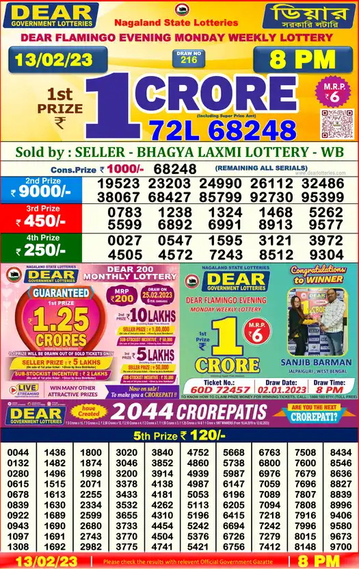 Lottery Sambad 8 PM result 13 Feb 2023