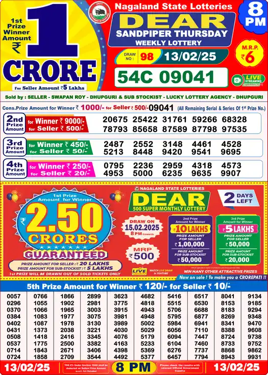 Lottery Sambad 8 PM result 13 Feb 2025