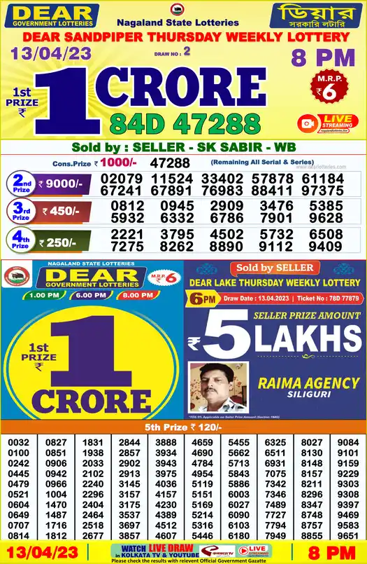 Lottery Sambad 8 PM result 13 Apr 2023