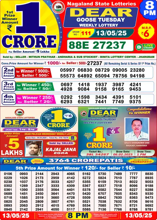 Lottery Sambad 8 PM result 13 May 2025