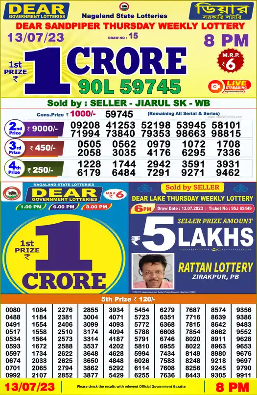 Lottery Sambad 8 PM result 13 Jul 2023
