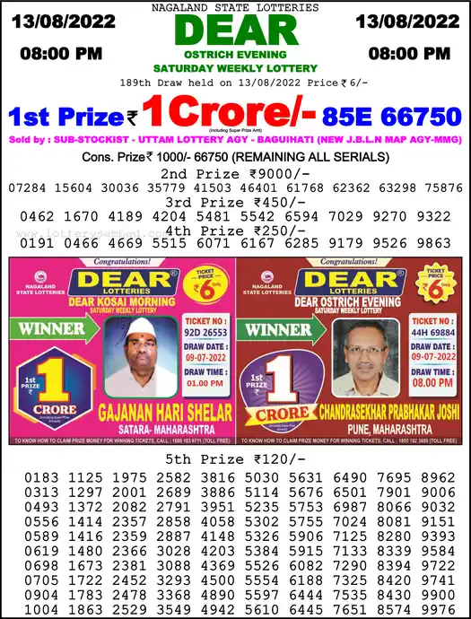 Lottery Sambad 8 PM result 13 Aug 2022