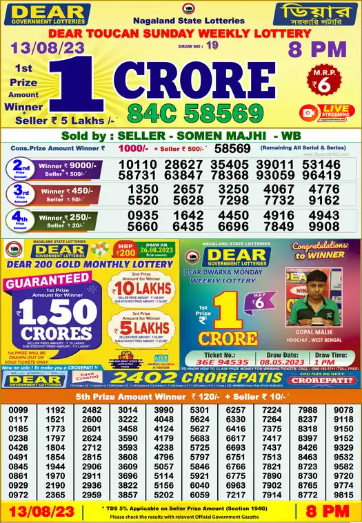 Lottery Sambad 8 PM result 13 Aug 2023