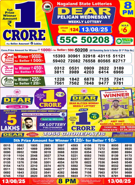 Lottery Sambad 8 PM result 13 Aug 2025