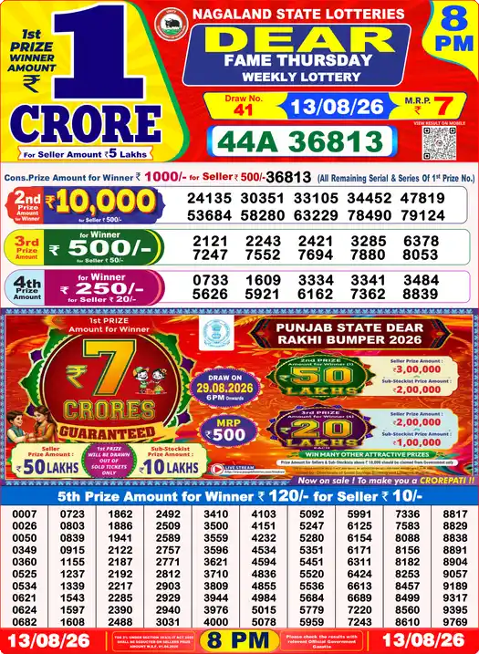 Lottery Sambad Today 8:00 PM Result 13 August 2026