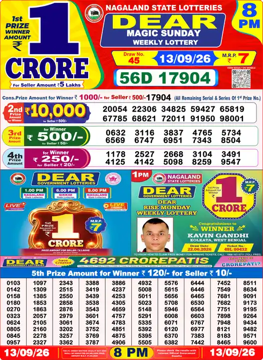 Lottery Sambad 8 PM result 13 Sep 2026