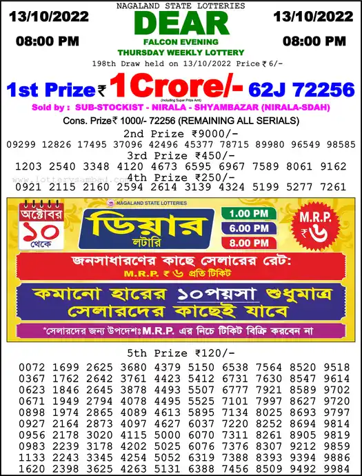 Lottery Sambad 8 PM result 13 Oct 2022