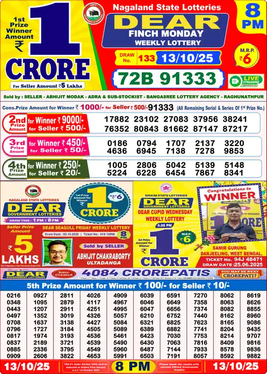 Lottery Sambad 8 PM result 13 Oct 2025