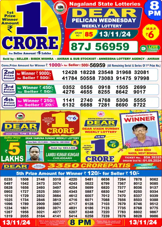 Lottery Sambad 8 PM result 13 Nov 2024