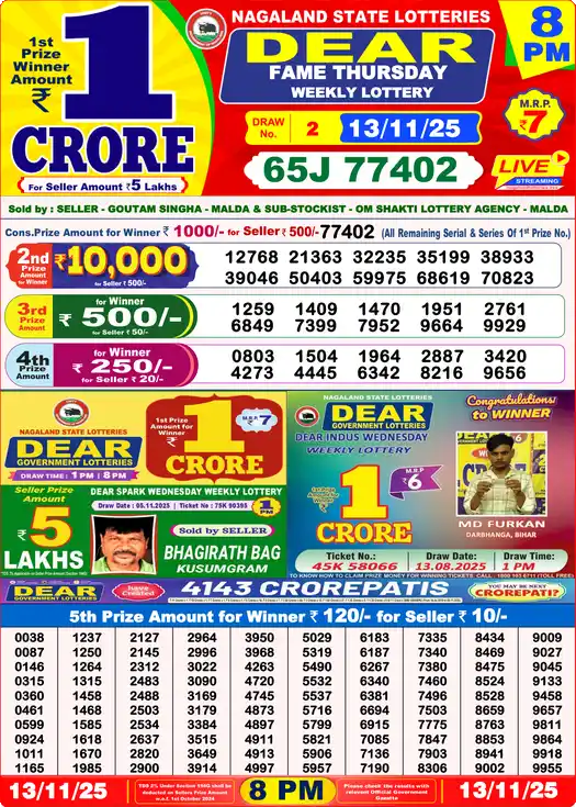 Lottery Sambad 8 PM result 13 Nov 2025