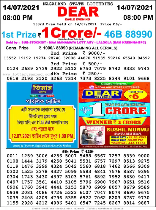 Lottery Sambad 8 PM result 14 Jul 2021