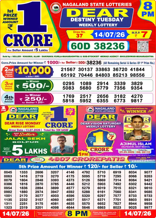 Lottery Sambad Yesterday 8:00 PM Result 14 July 2026