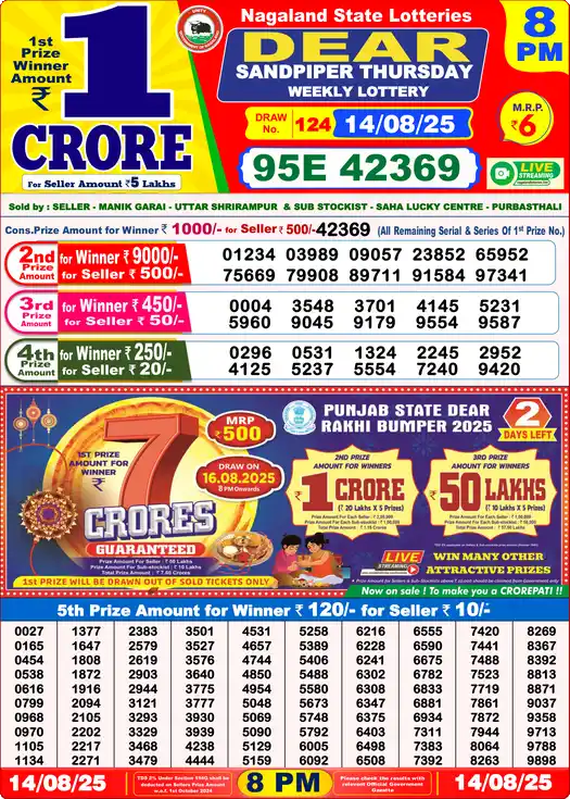Lottery Sambad 8 PM result 14 Aug 2025