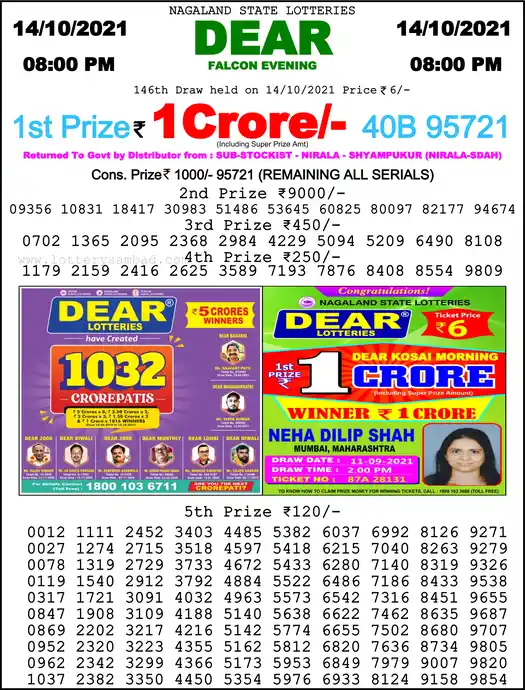 Lottery Sambad 8 PM result 14 Oct 2021
