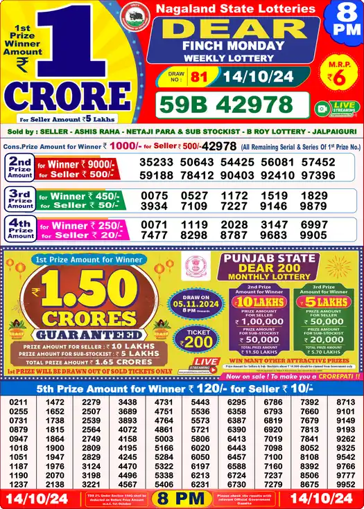 Lottery Sambad 8 PM result 14 Oct 2024