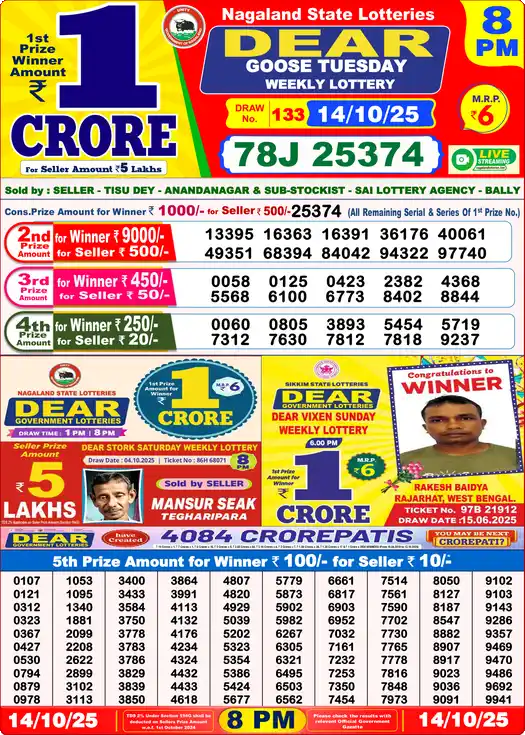 Lottery Sambad 8 PM result 14 Oct 2025