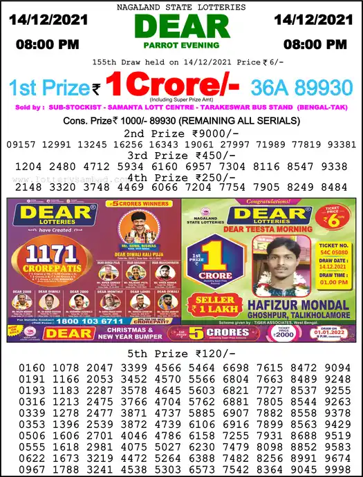 Lottery Sambad 8 PM result 14 Dec 2021