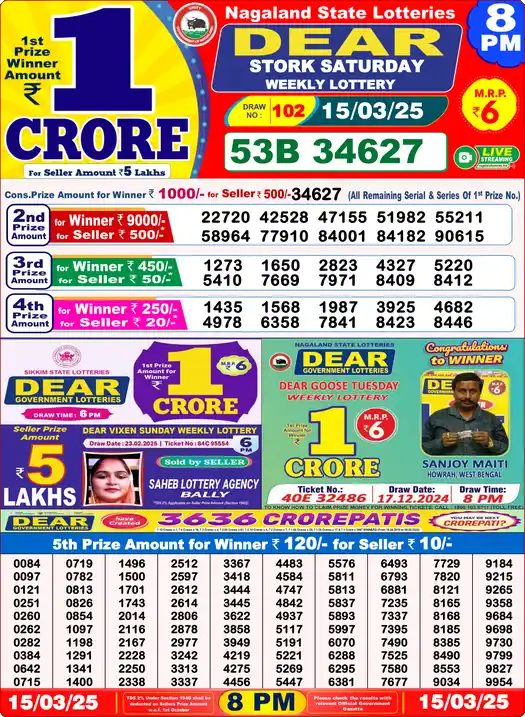 Lottery Sambad 8 PM result 15 Mar 2025