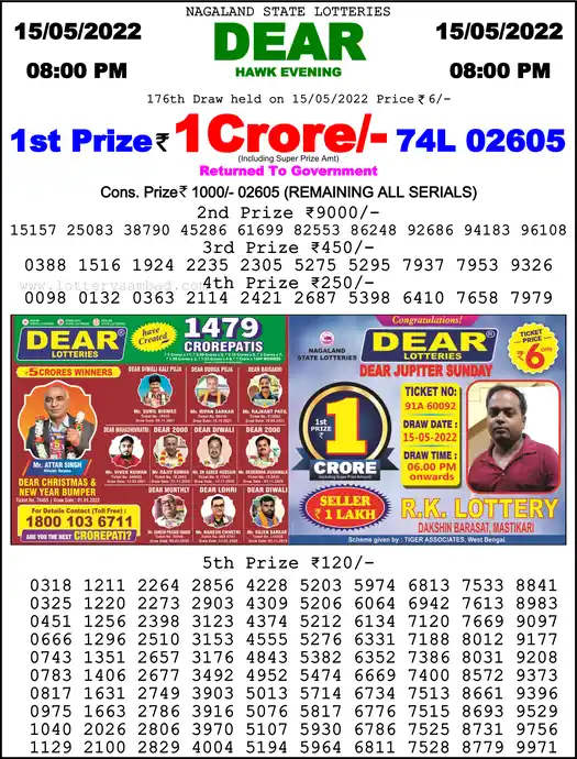 Lottery Sambad 8 PM result 15 May 2022