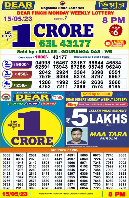 Lottery Sambad 8 PM result 15 May 2023