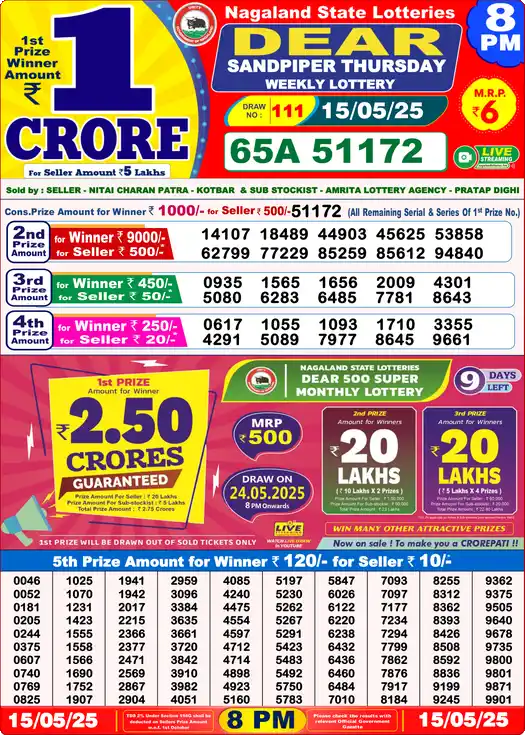 Lottery Sambad 8 PM result 15 May 2025