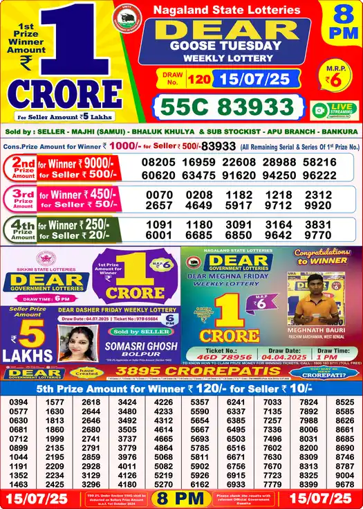 Lottery Sambad 8 PM result 15 Jul 2025