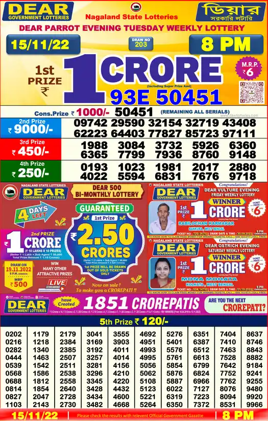 Lottery Sambad 8 PM result 15 Nov 2022