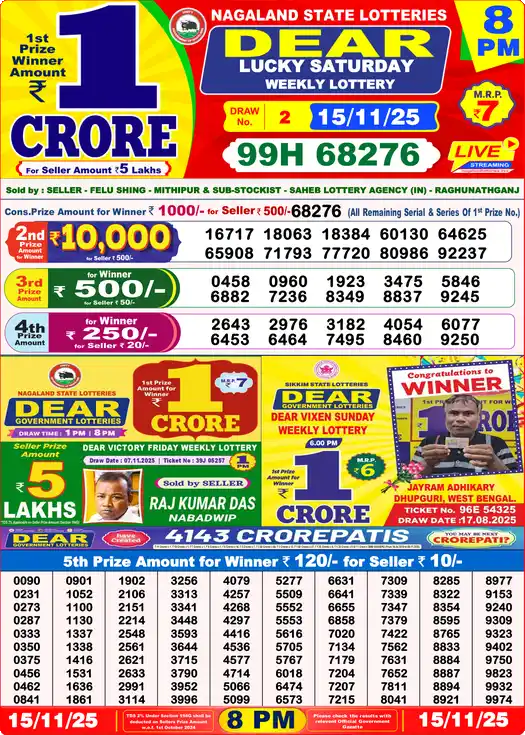 Lottery Sambad 8 PM result 15 Nov 2025