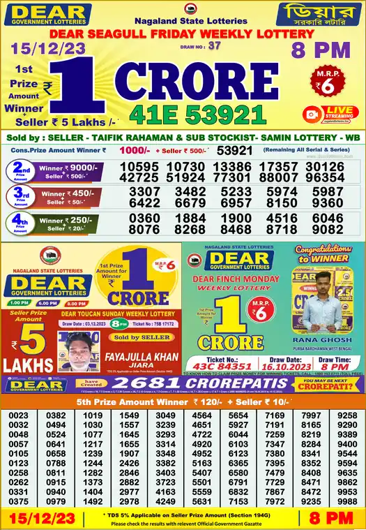 Lottery Sambad 8 PM result 15 Dec 2023