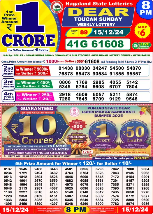 Lottery Sambad 8 PM result 15 Dec 2024