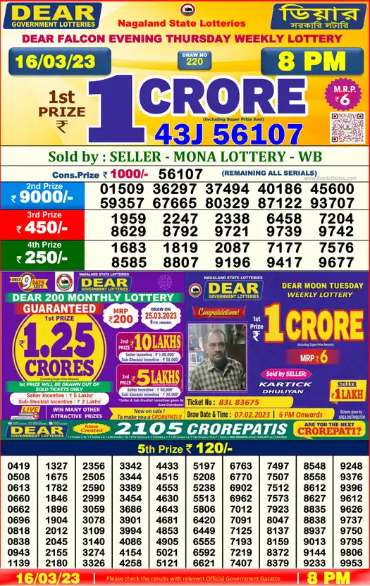 Lottery Sambad 8 PM result 16 Mar 2023