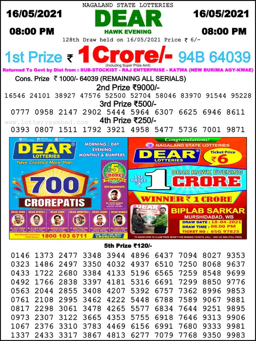 Lottery Sambad 8 PM result 16 May 2021