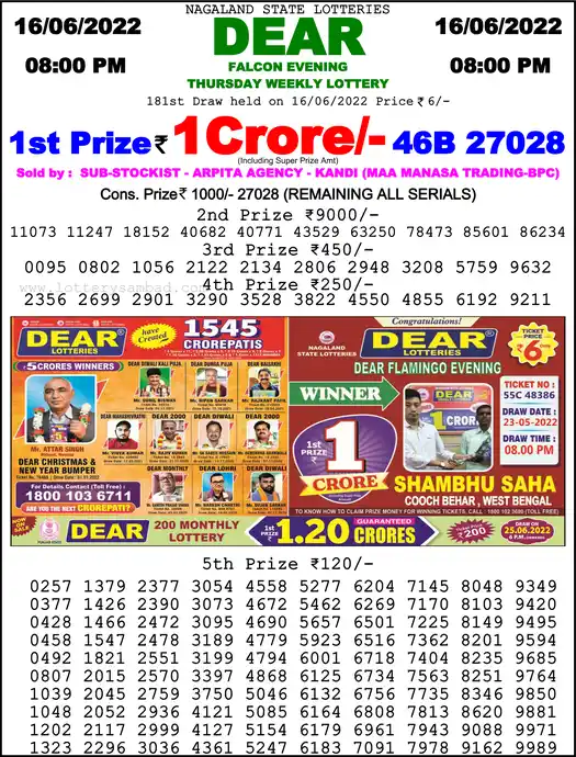 Lottery Sambad 8 PM result 16 Jun 2022
