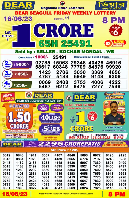 Lottery Sambad 8 PM result 16 Jun 2023
