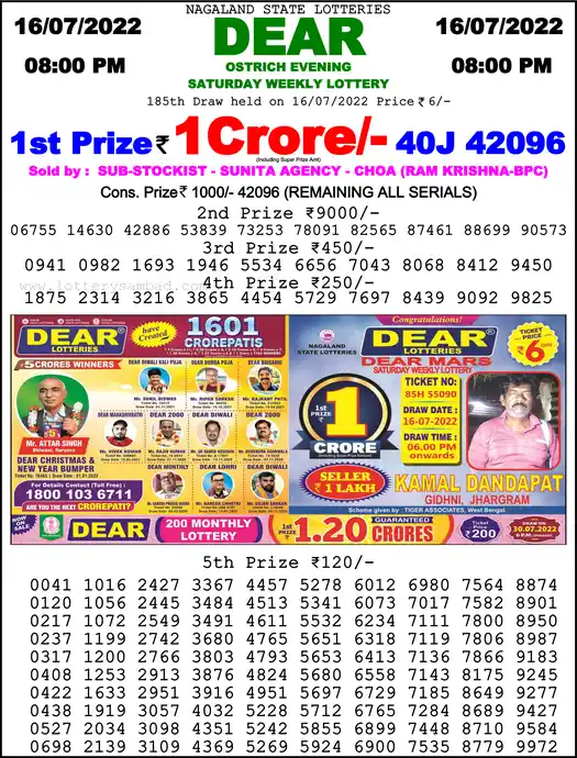 Lottery Sambad 8 PM result 16 Jul 2022