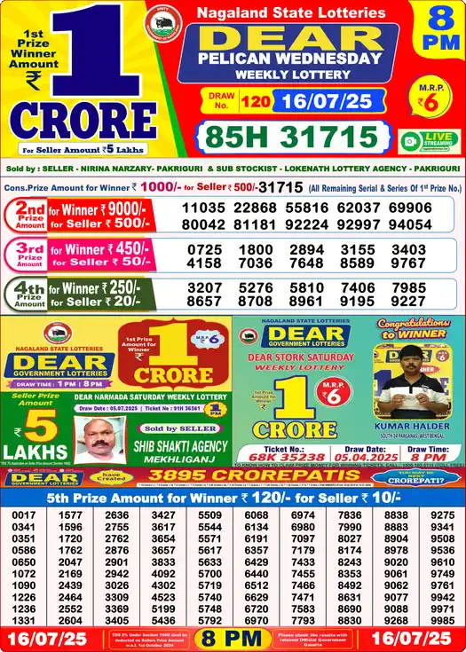 Lottery Sambad 8 PM result 16 Jul 2025