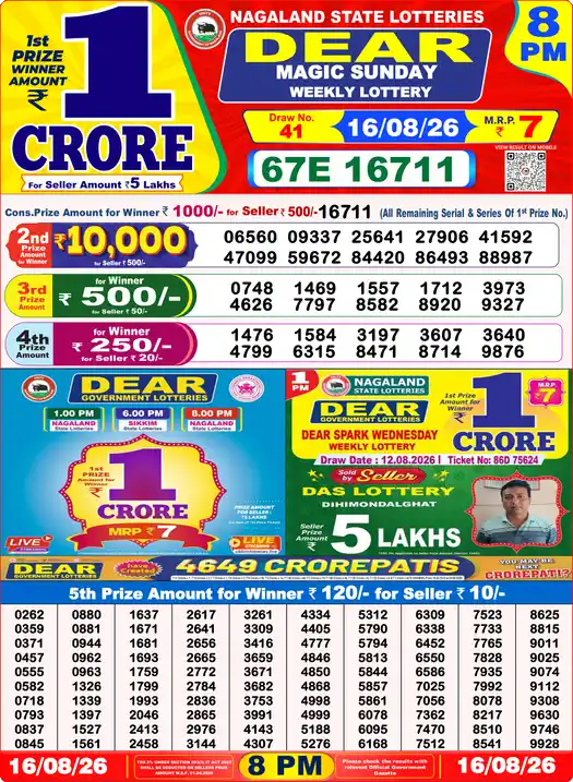 Lottery Sambad Yesterday 8:00 PM Result 16 August 2026