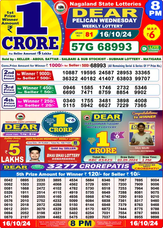 Lottery Sambad 8 PM result 16 Oct 2024