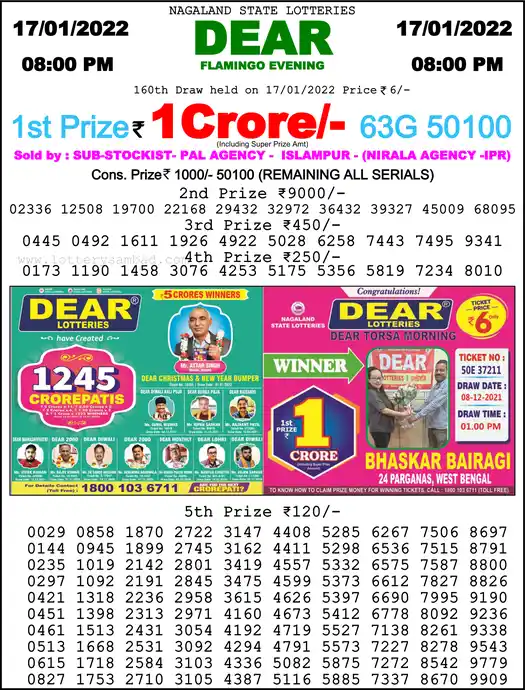 Lottery Sambad 8 PM result 17 Jan 2022