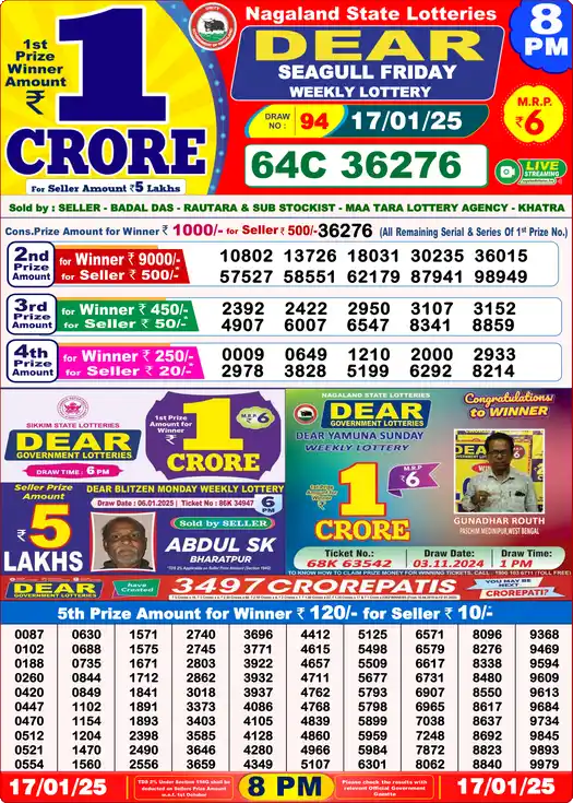 Lottery Sambad 8 PM result 17 Jan 2025