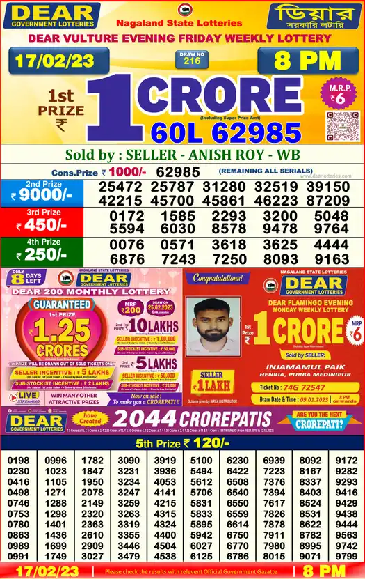 Lottery Sambad 8 PM result 17 Feb 2023