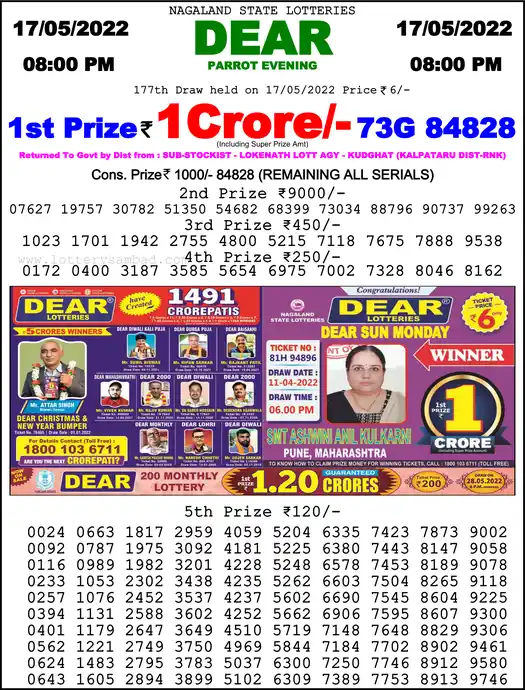 Lottery Sambad 8 PM result 17 May 2022