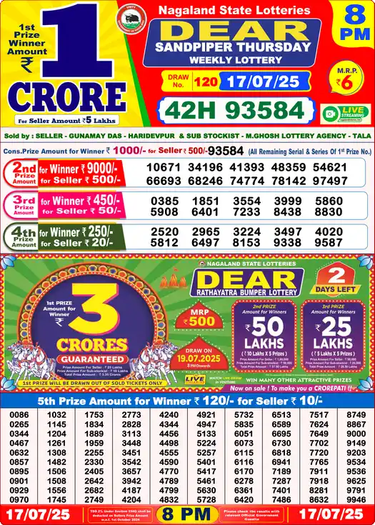 Lottery Sambad 8 PM result 17 Jul 2025