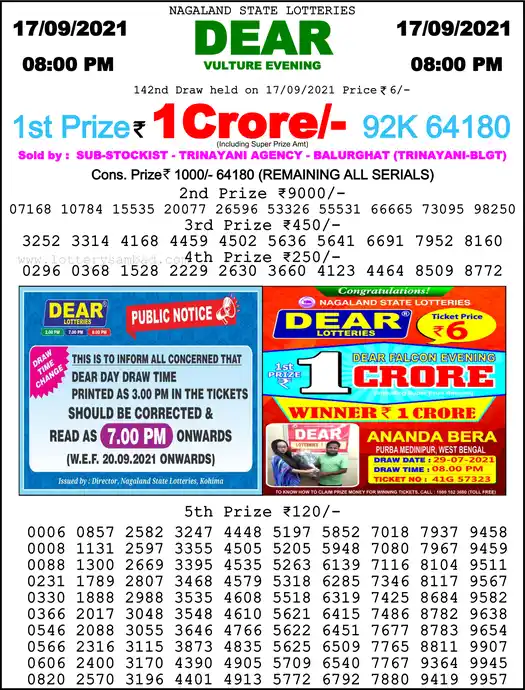 Lottery Sambad 8 PM result 17 Sep 2021