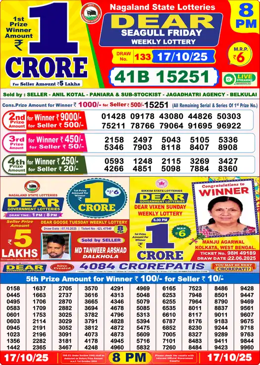 Lottery Sambad 8 PM result 17 Oct 2025