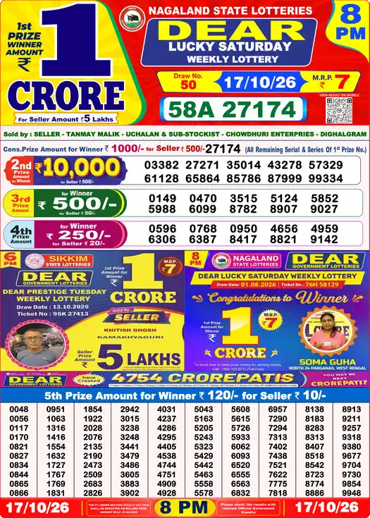 Lottery Sambad 8 PM result 17 Oct 2026